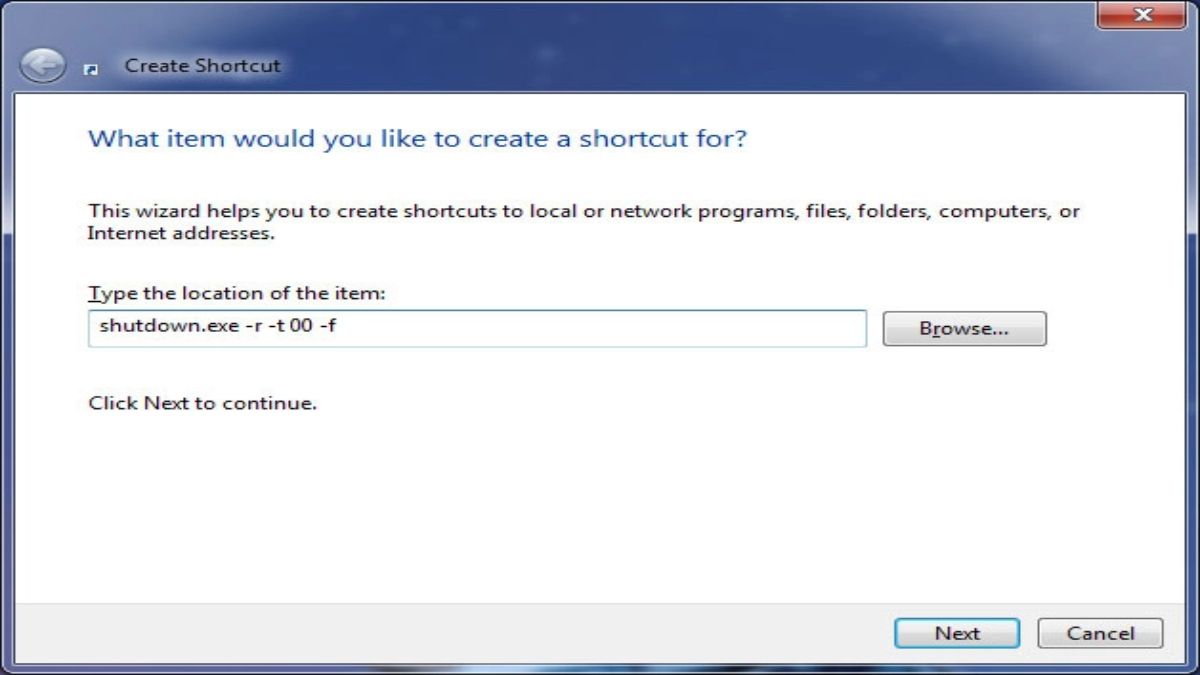 tạo shortcut để khởi động lại máy tính