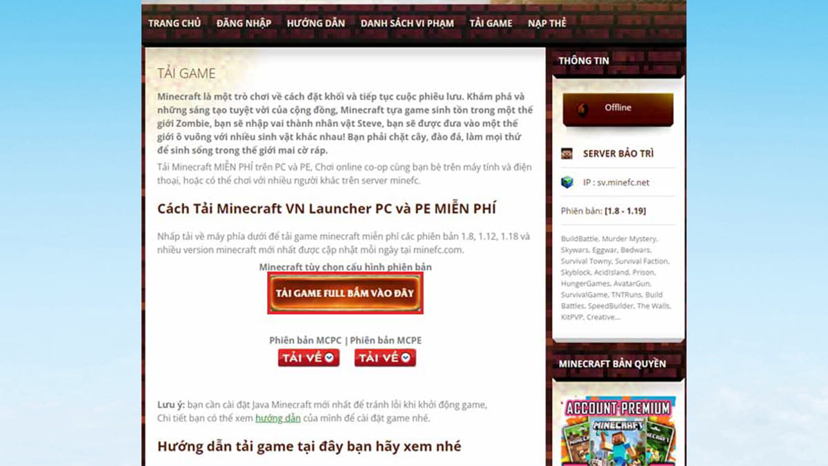 Cách tải Minecraft PC sử dụng trang web tải game miễn phí